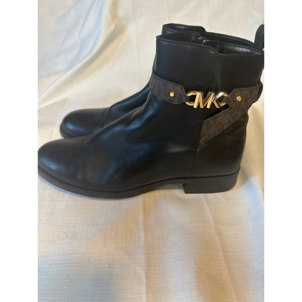 Michael Kors Black Leather Ankle Boots Logo Buckle Detail Zip Up